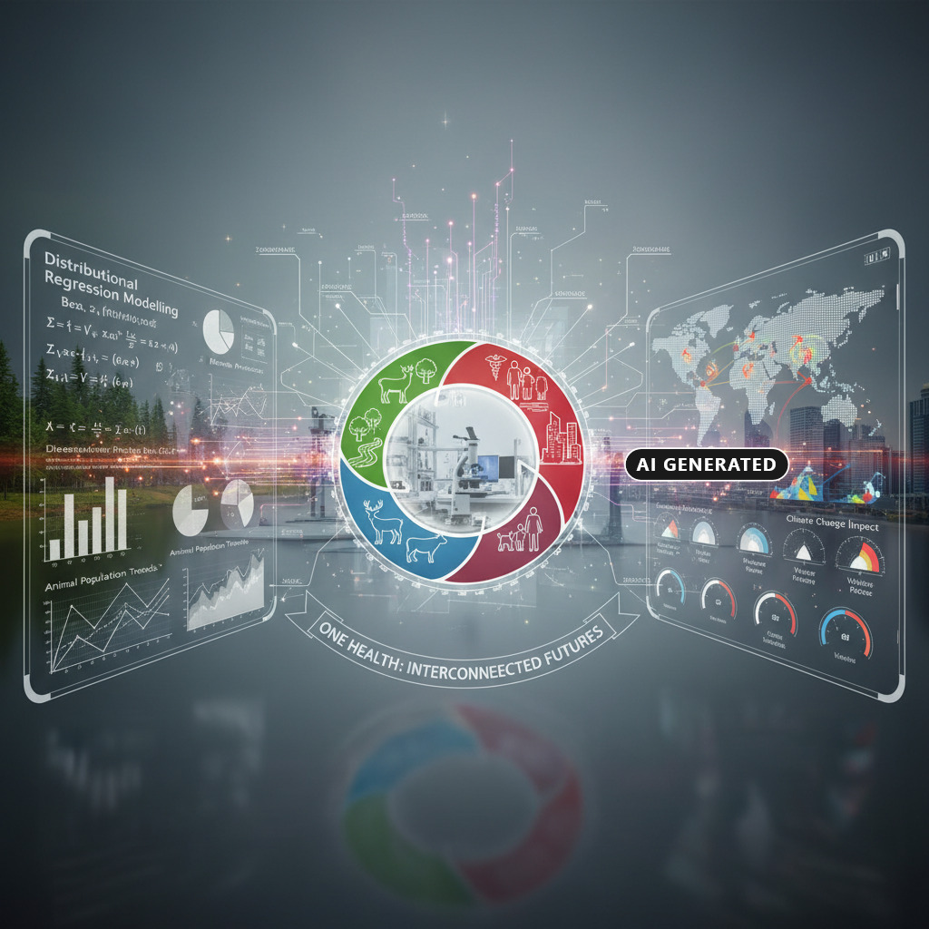 A digital infographic illustrates the concept of One Health with interconnected panels showing distributional regression modelling, animal population trends, and climate change impacts surrounding a central microscope icon. (AI-generated)